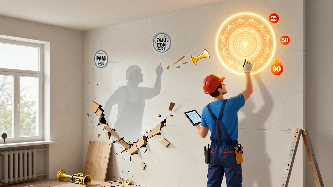 Renovierungsszene mit moderner Trockenbaukonstruktion, digitalem Prüfgerät und zerfallender schlechter Wand im Hintergrund.