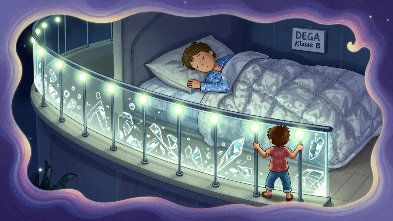 Sicheres Treppengeländer mit 12 cm Abstand zwischen Stäben und Sicherheitsglas, während ein Kind sicher hält und ein schlafender Nachbar ruhig liegt.