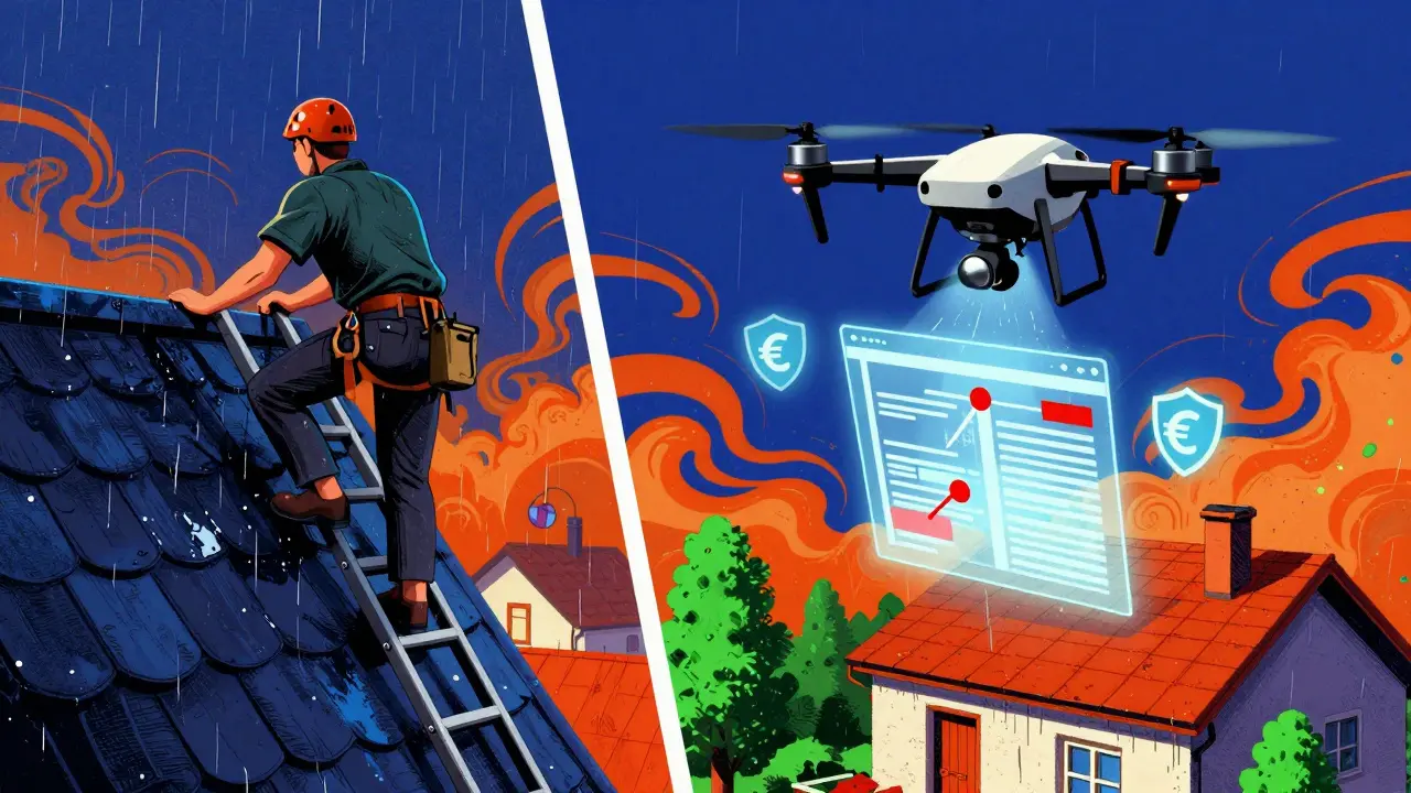 Vergleich: Gefährlicher Dachdecker vs. sichere Drohne mit digitaler Schadensanalyse.