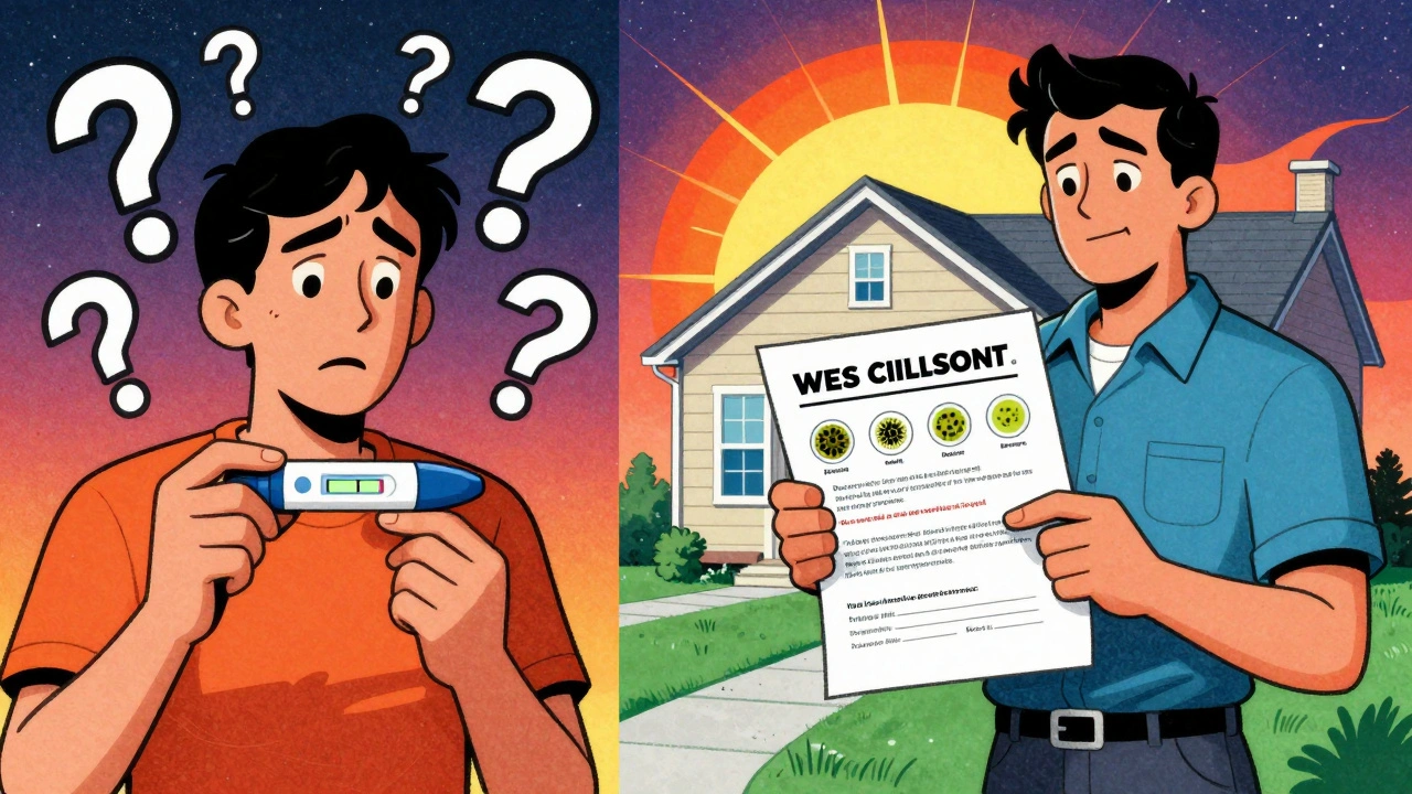 Vergleich: Links billiger DIY-Test, rechts klare Laborergebnisse mit Handlungsempfehlungen in psychedelischem Stil.