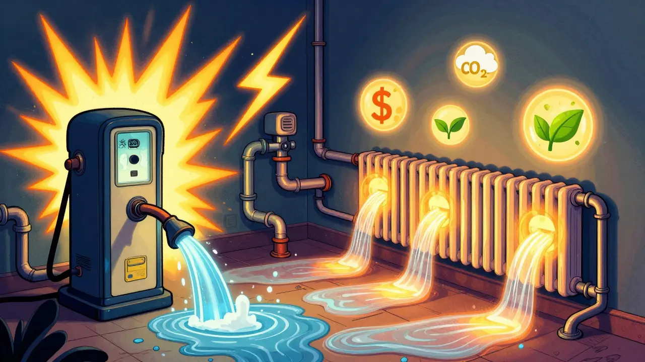 Vergleich: ungleichmäßige Heizung links, perfekt ausgeglichene Wärmeverteilung rechts mit sparsamen Energiezeichen.