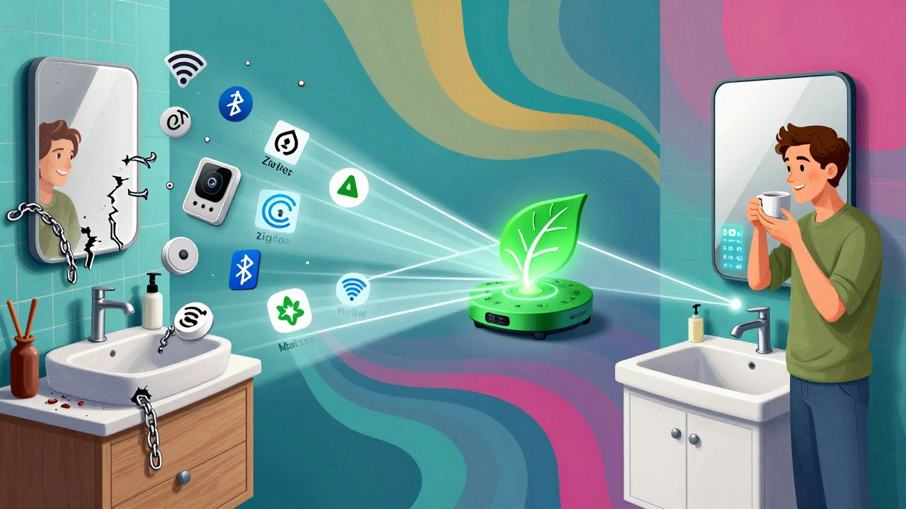 Vergleich von chaotischen Smart-Home-Geräten und einem harmonischen, Matter-kompatiblen Badezimmer.