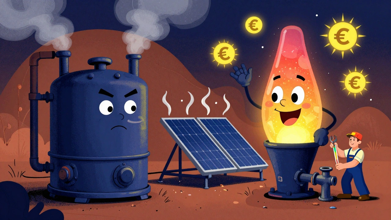 Vergleich von Gasheizung und Solarthermie in bunter, wellenförmiger Illustration mit spiegelnden Wärmespeichern und Einspar-Symbolen.