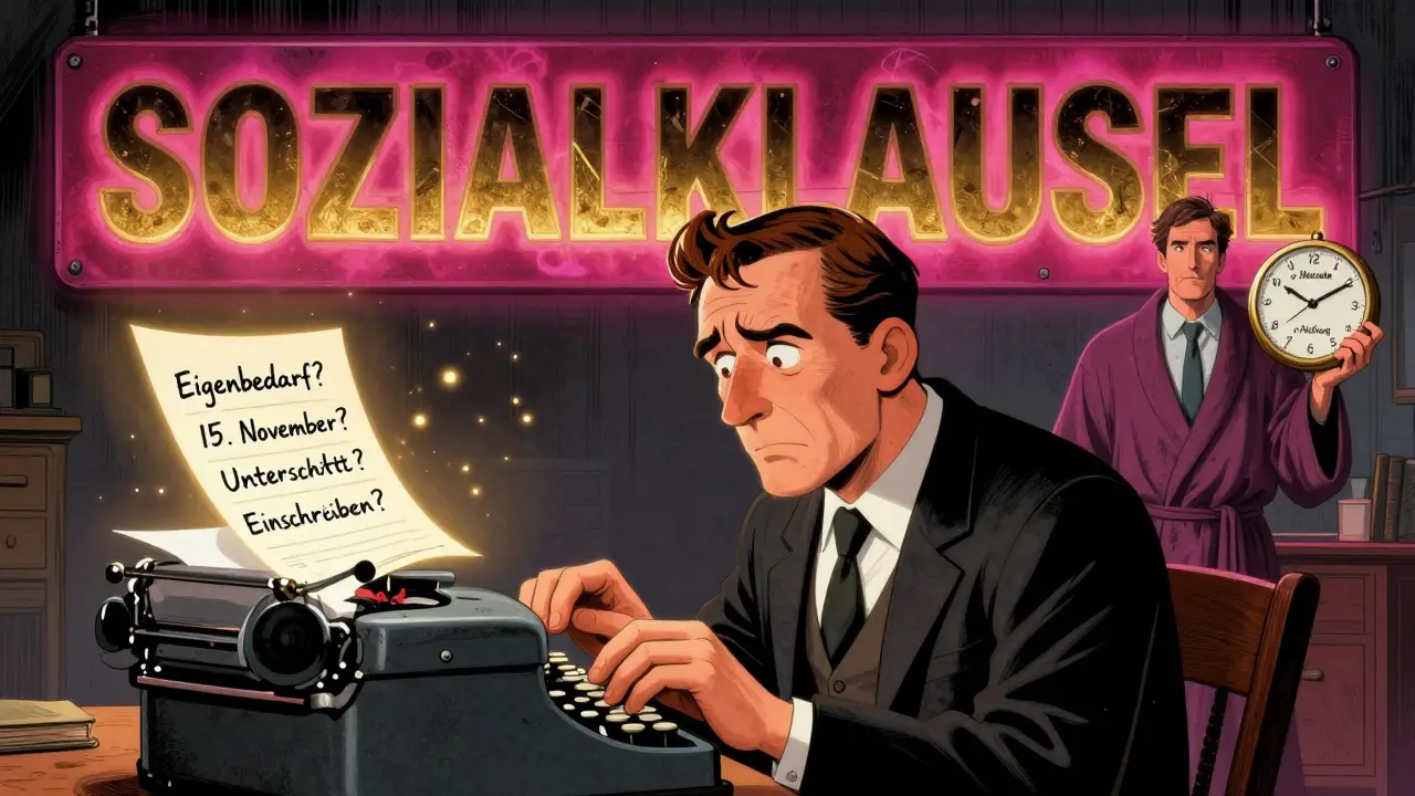 Vermieter schreibt Kündigung, während eine rechtliche Checkliste und eine Sozialklausel in der Luft schweben.