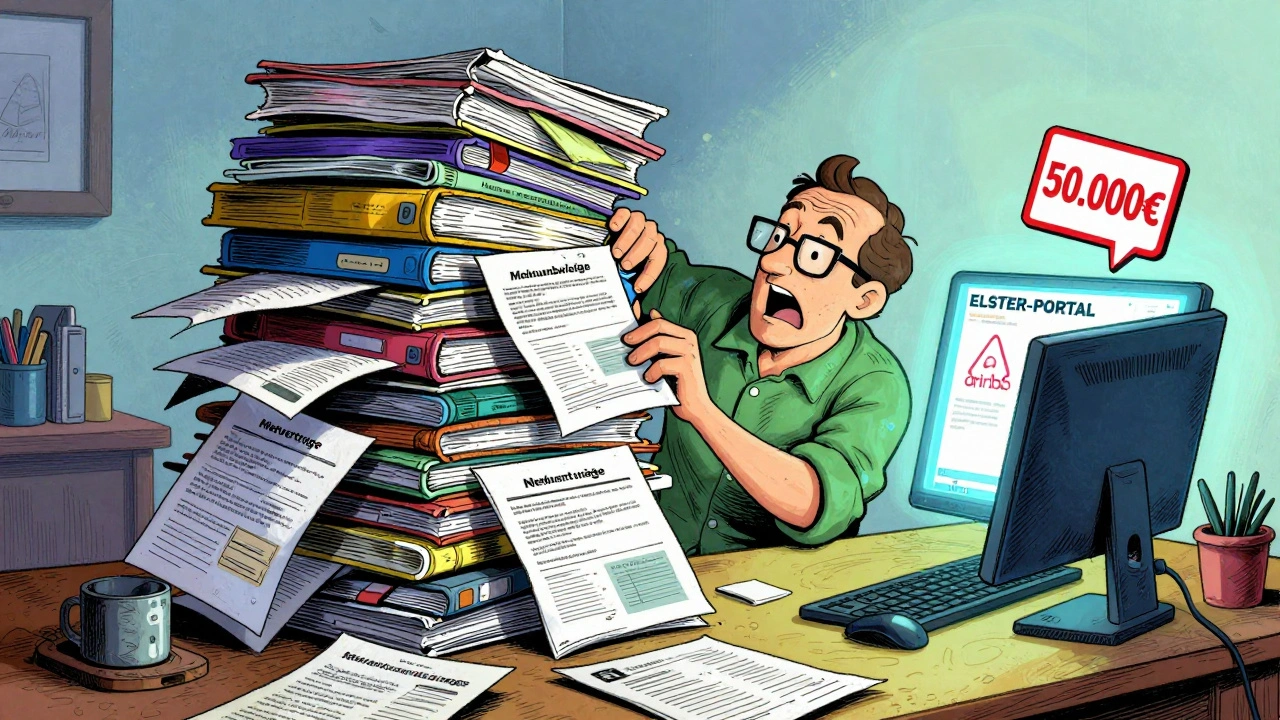 Vermieter stapelt zehn Jahre Mietunterlagen in einem chaotischen Büro, während digitale Warnungen über ihm schweben.