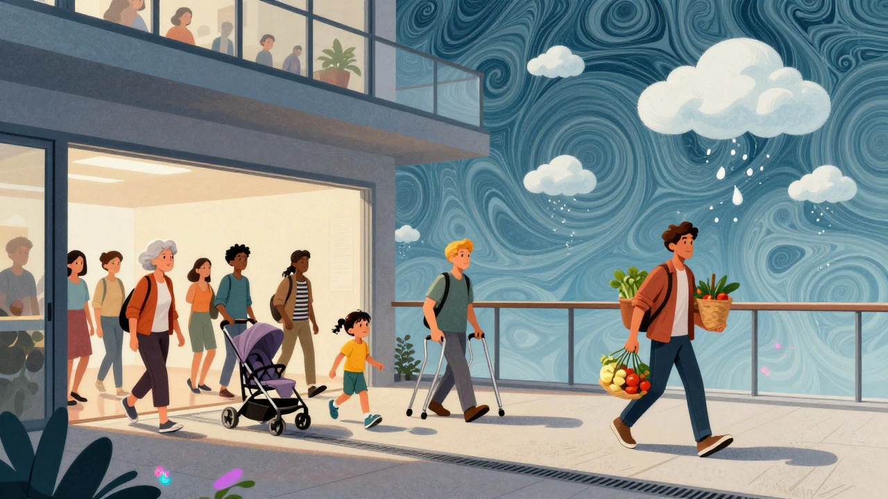 Verschiedene Menschen bewegen sich problemlos durch einen schwellenlosen Balkonübergang.