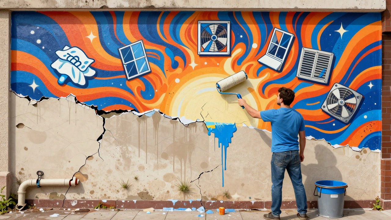 Vorher-Nachher-Wand: feuchter Putz, Farbauftrag und strahlend saubere Oberfläche in psychedelischem Stil.