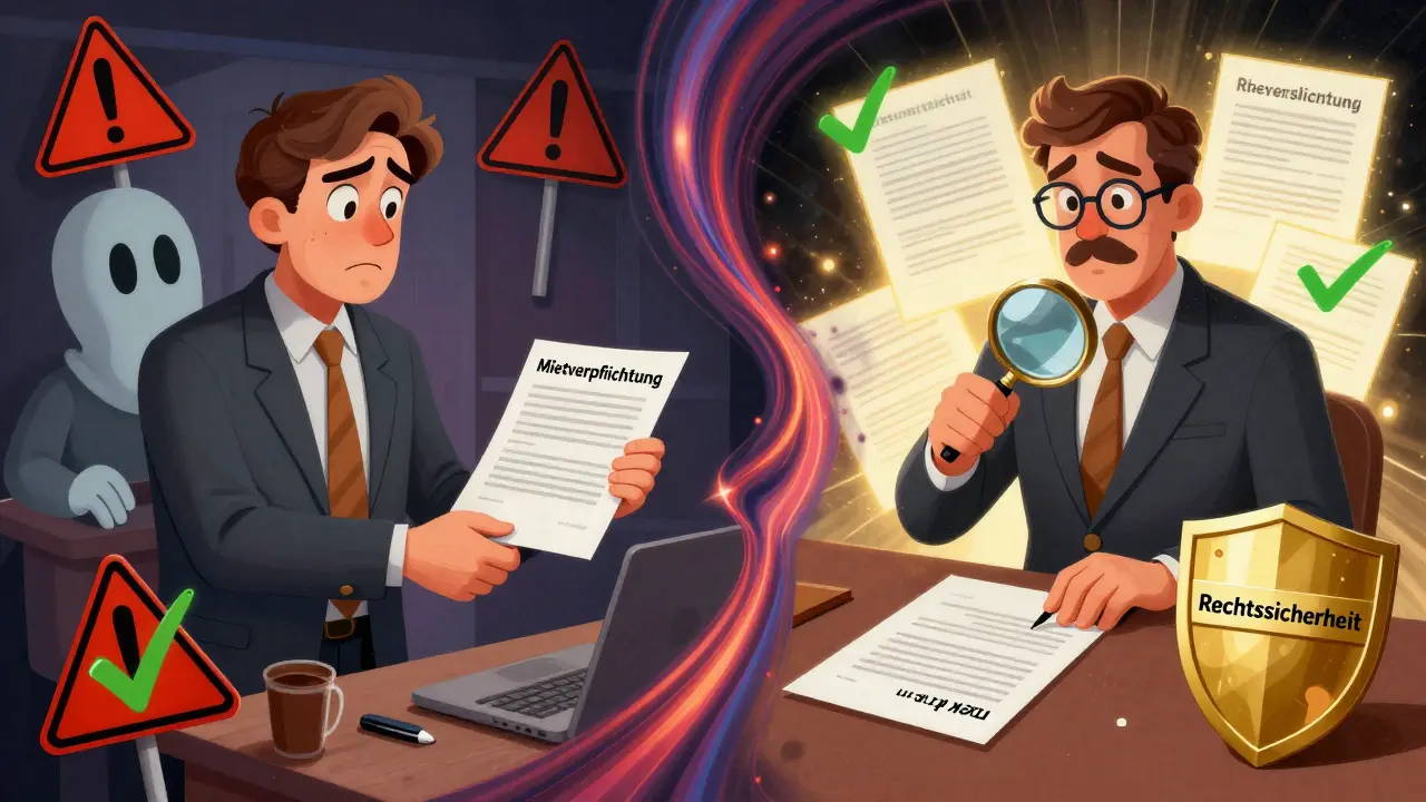 Zwei Szenen: Ein Verkäufer mit riskantem Vertrag vs. einer mit sicherem Vertrag und Anwalt.