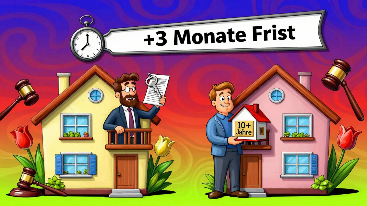 Zweifamilienhaus mit Vermieter und Mieter, verbunden durch eine verlängerte Kündigungsfrist, symbolisiert durch eine riesige Uhr.