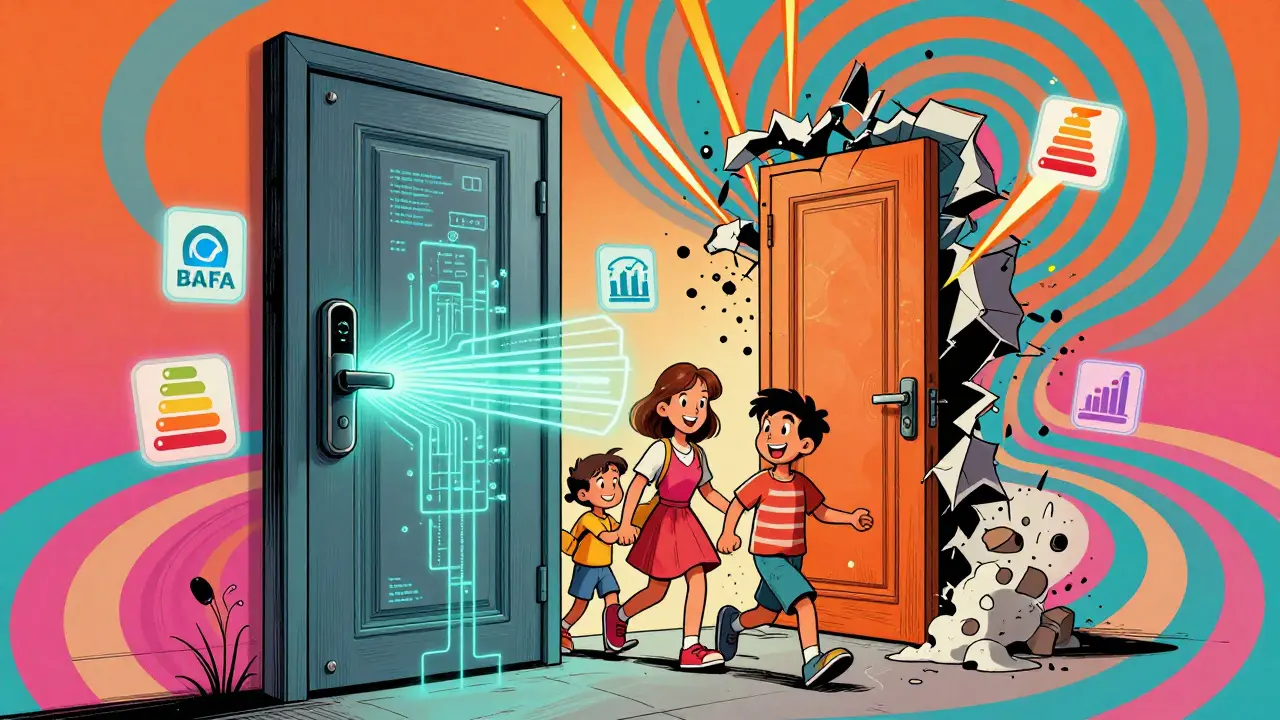 Barrierefreie Haustür mit Smartlock, umgeben von Förder- und Energie-Symbolen in op-art Mustern.