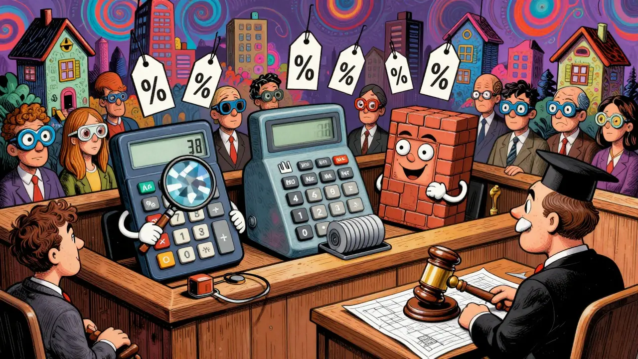 Drei anthropomorphe Rechner im Gerichtssaal, umgeben von Preisbeschriftungen und verästelten Stadtlinien, im psychedelischen Posterstil.