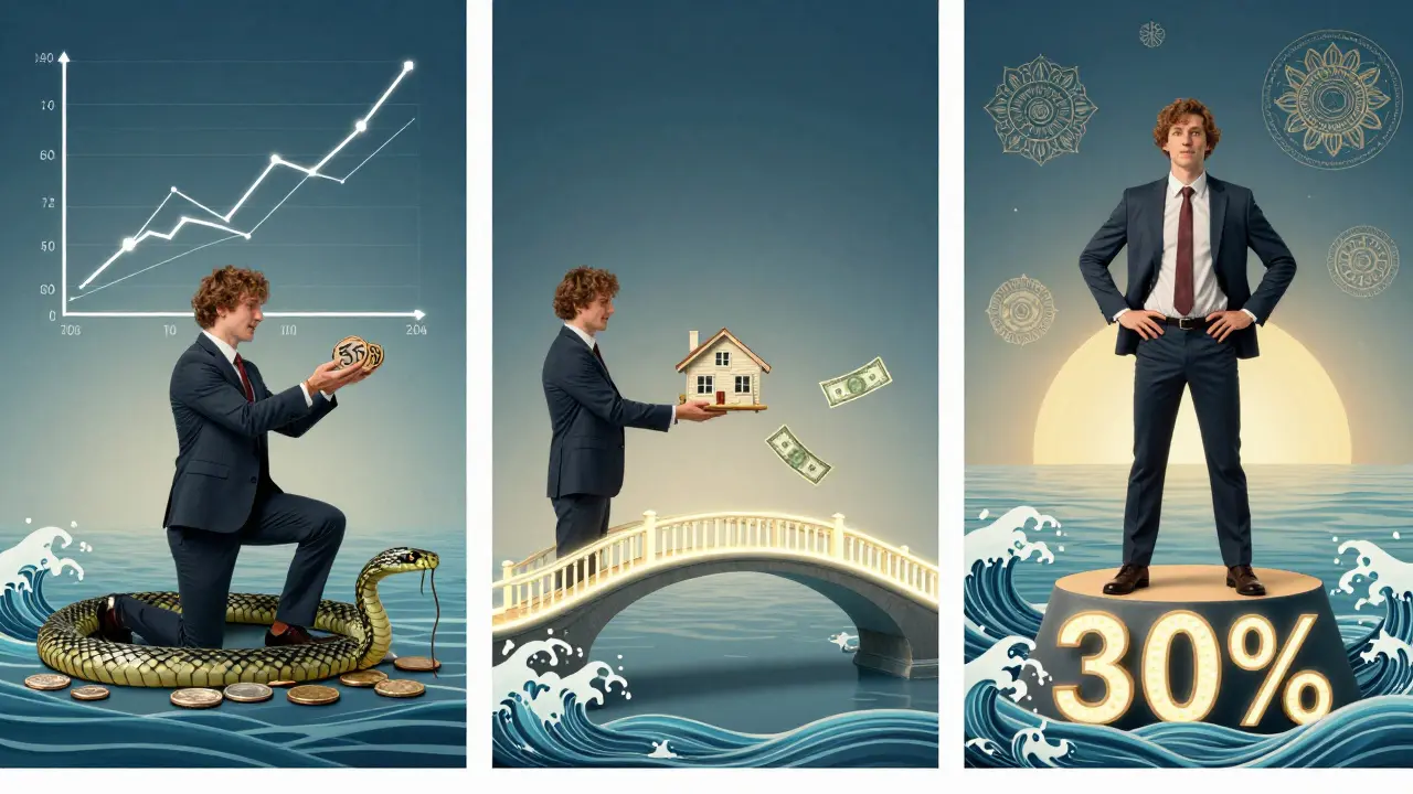 Dreiteilige Szene: Selbstständiger mit wenig Eigenkapital, übergibt eine Immobilie und erreicht eine stabile Finanzlage mit 30%.