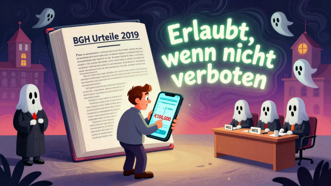 Ein Eigentümer blickt auf eine sich erhöhende Geldstrafe, umgeben von rechtlichen Geistern und einem offenen Urteilsbuch.