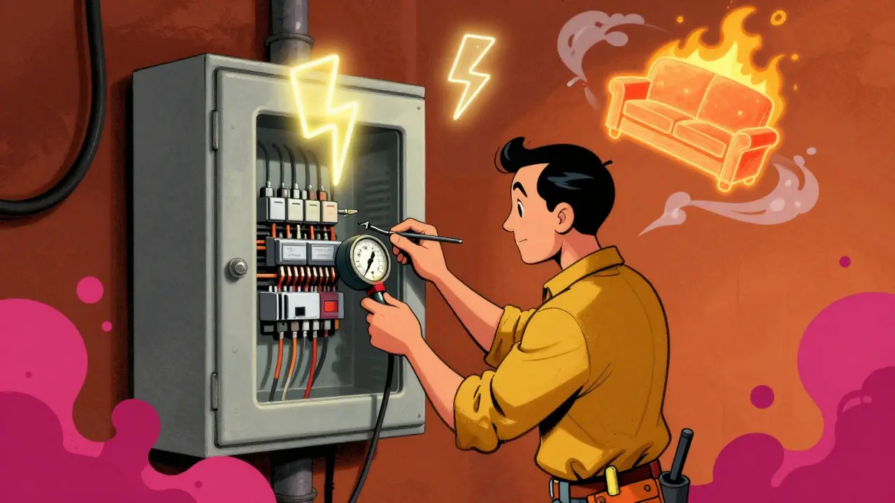 Ein Elektriker prüft einen defekten FI-Schalter mit Messgeräten in einem alten Verteilerkasten.