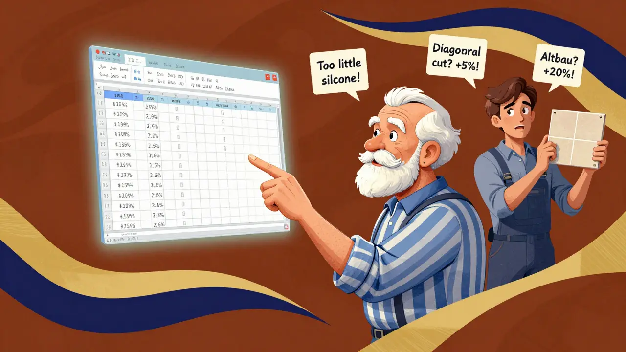 Ein erfahrener Handwerker zeigt auf eine schwebende Excel-Tabelle mit Berechnungen und Warnhinweisen für Renovierungen.