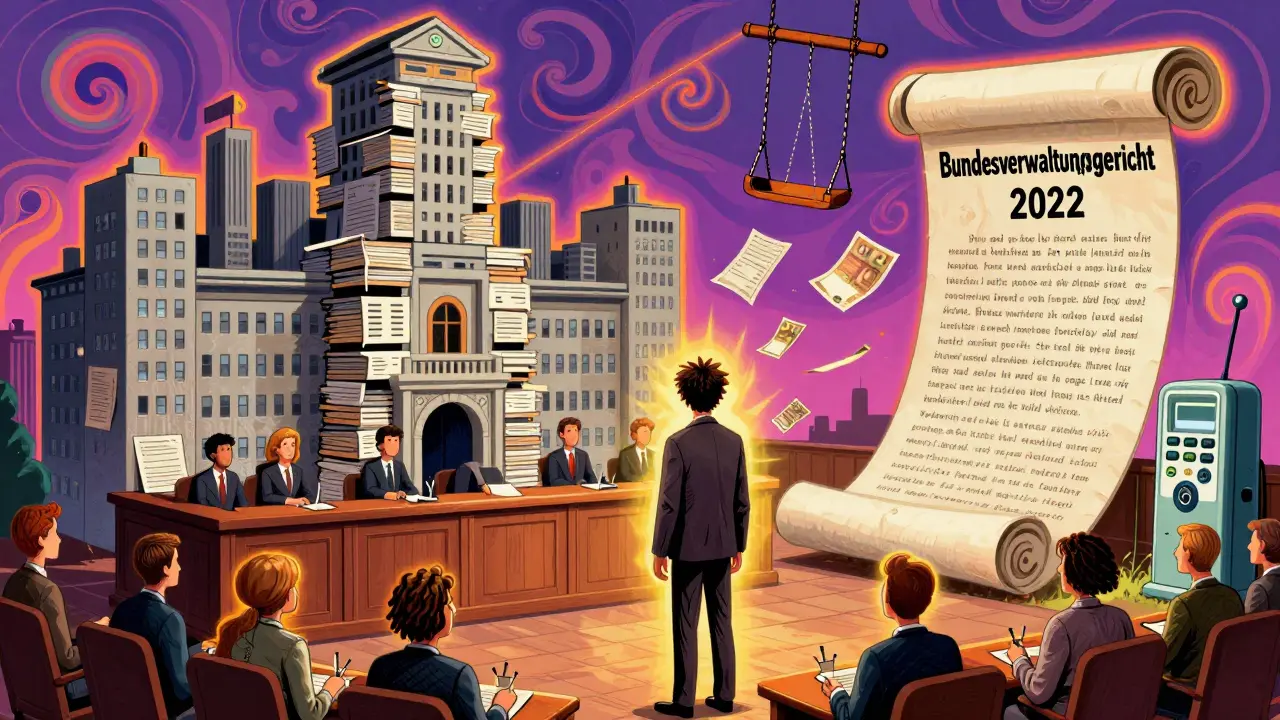 Ein Hausbesitzer steht vor einer riesigen Bürokratie, die ihm verpflichtende Solaranlagen und Spielplätze aufzwingt.