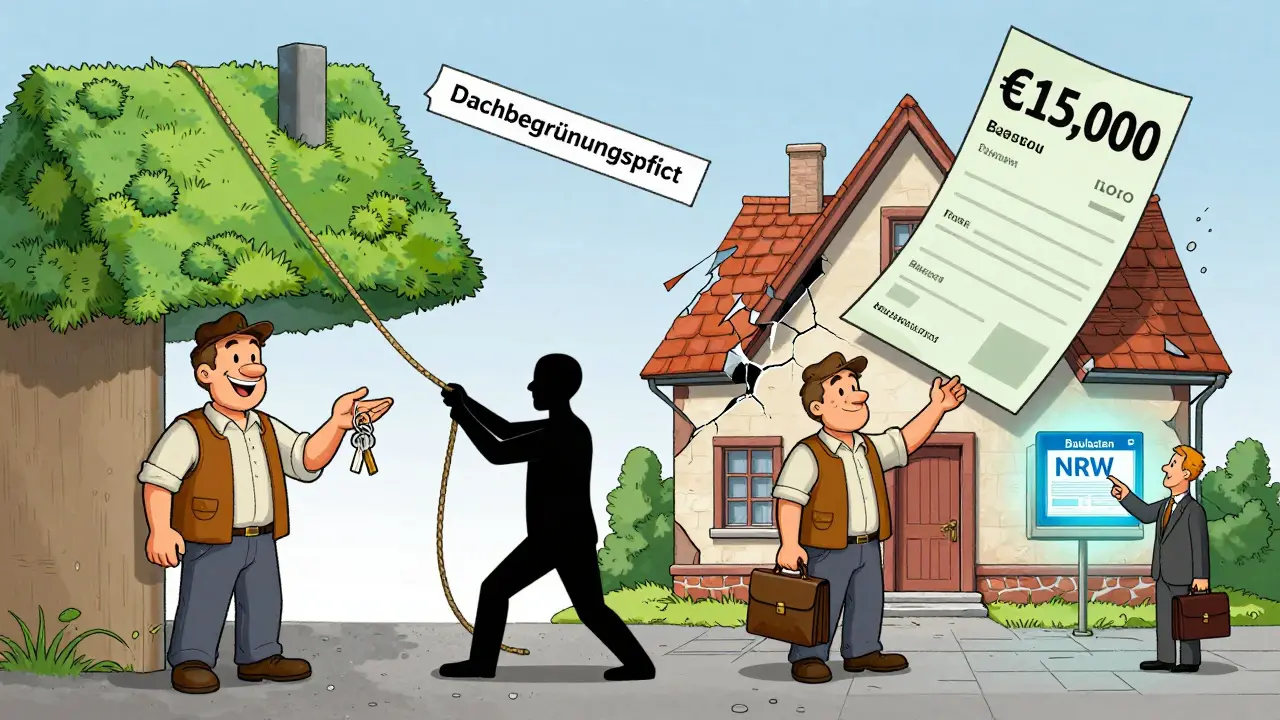 Ein Käufer wird von einer verborgenen Baulast überrascht, während ein Rechnungsbetrag von 15.000 € über ihm schwebt.