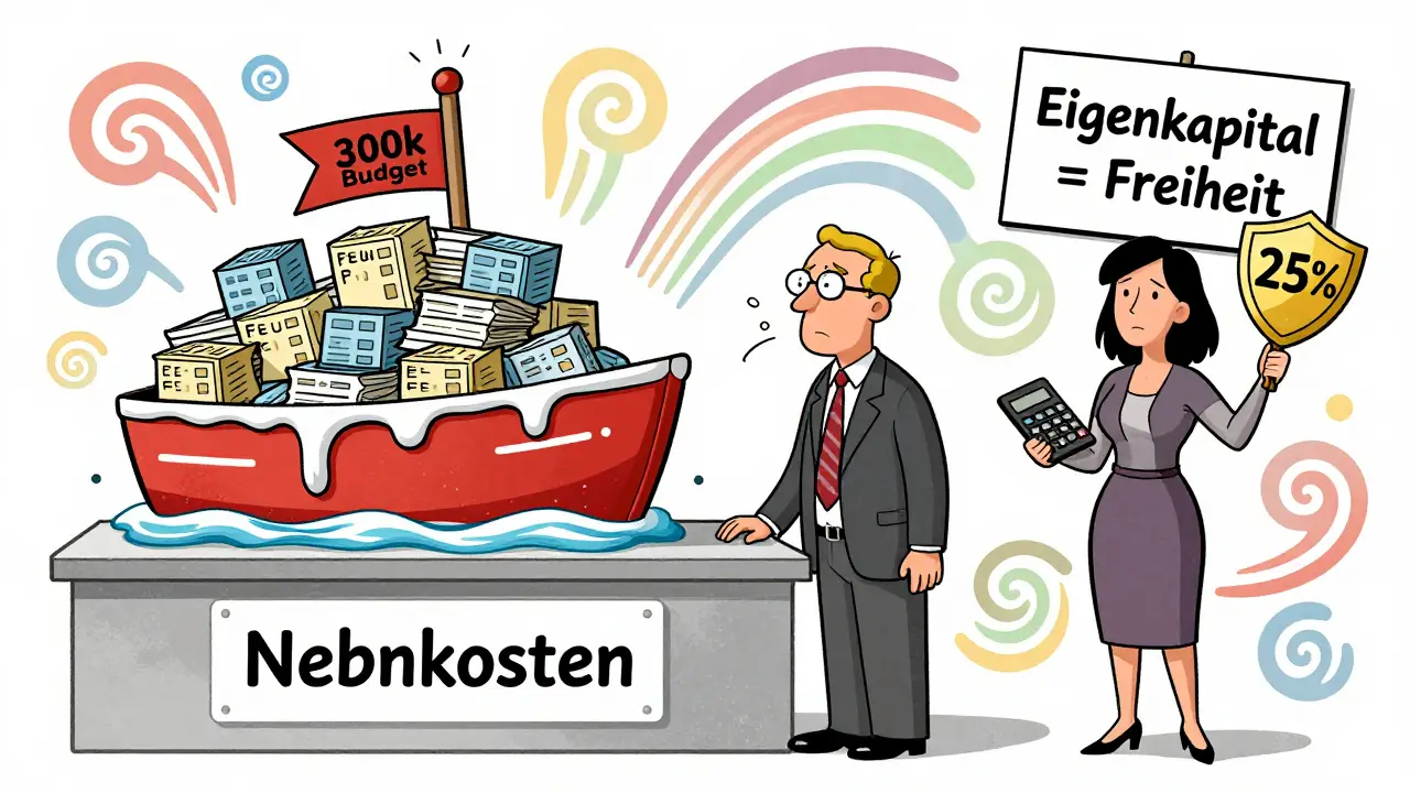 Ein Mann vor einem Berg an Nebenkosten, während eine Frau mit Eigenkapital eine sichere Zukunft symbolisiert.