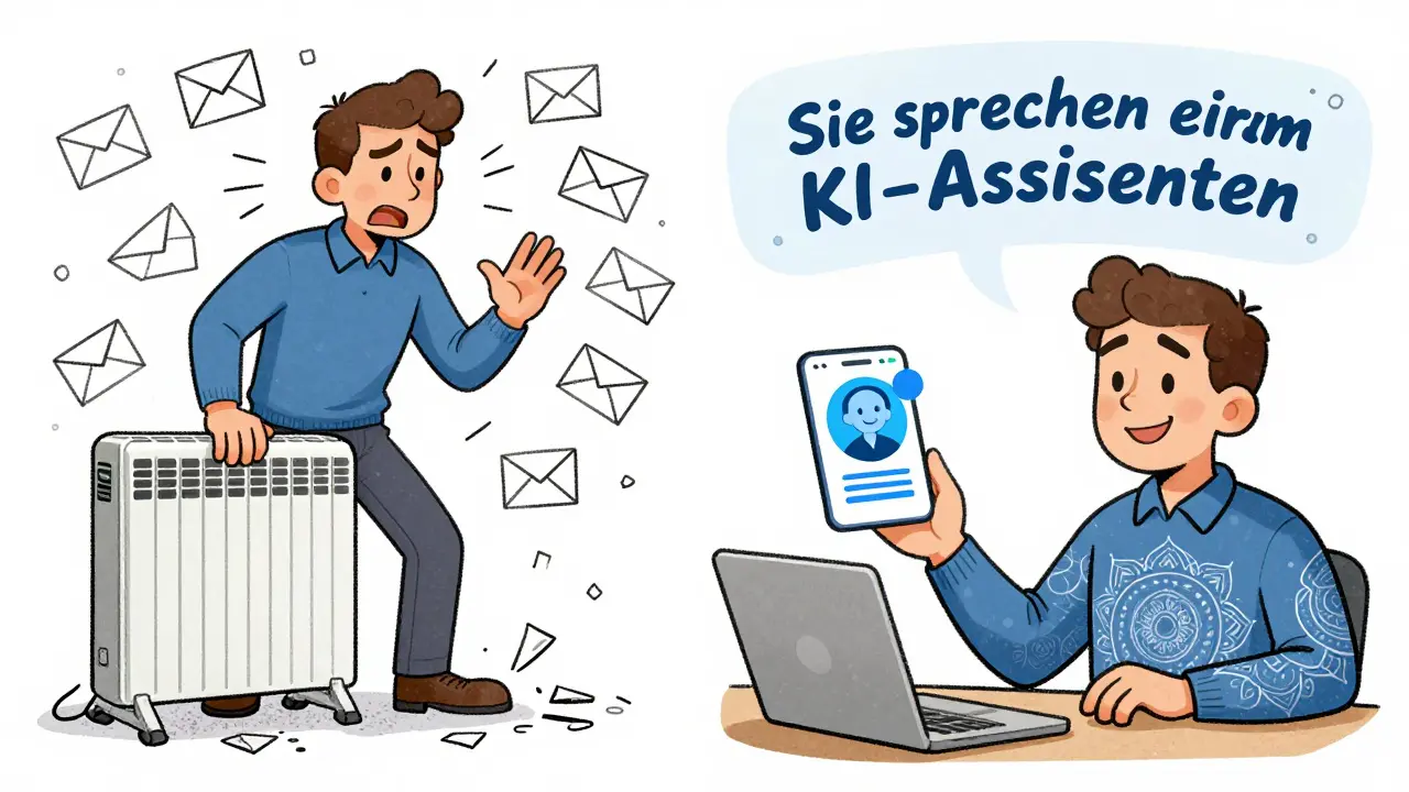 Ein Mieter erhält eine automatische Reparaturbestätigung von einem freundlichen KI-Assistenten, während alte E-Mails im Hintergrund verworfen werden.