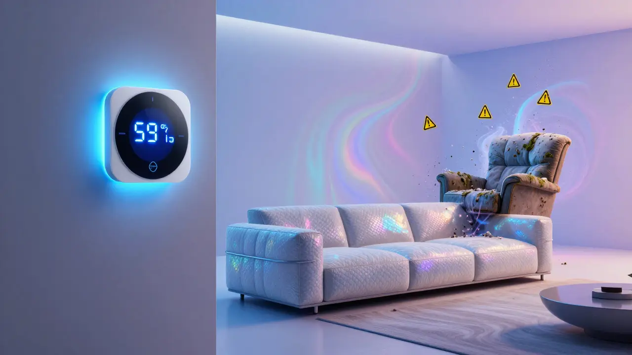 Ein modernes, schimmelresistentes Sofa in einem Zimmer mit einem Luftfeuchtigkeitssensor, während ein veralteter, schimmeliger Sessel in Sporen auflöst.