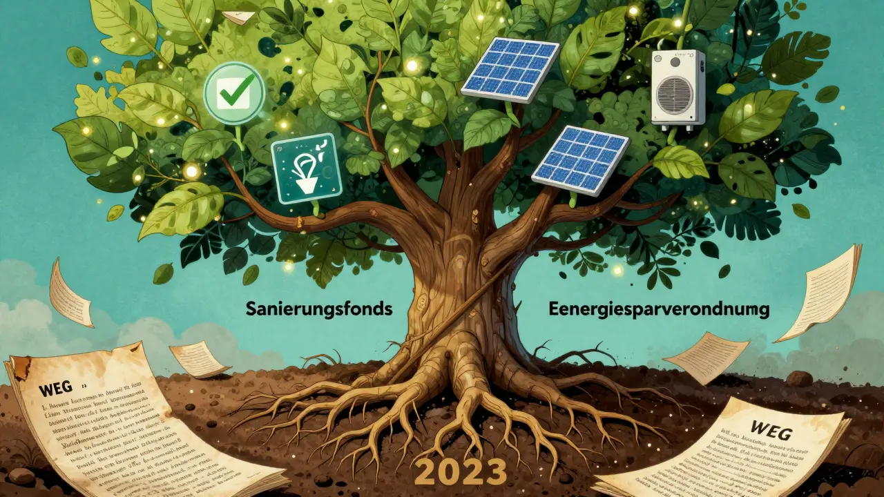 Ein modernes WEG-Handbuch wächst als Baum mit Sanierungsfonds-Wurzeln und digitalen Abstimmungsblättern.