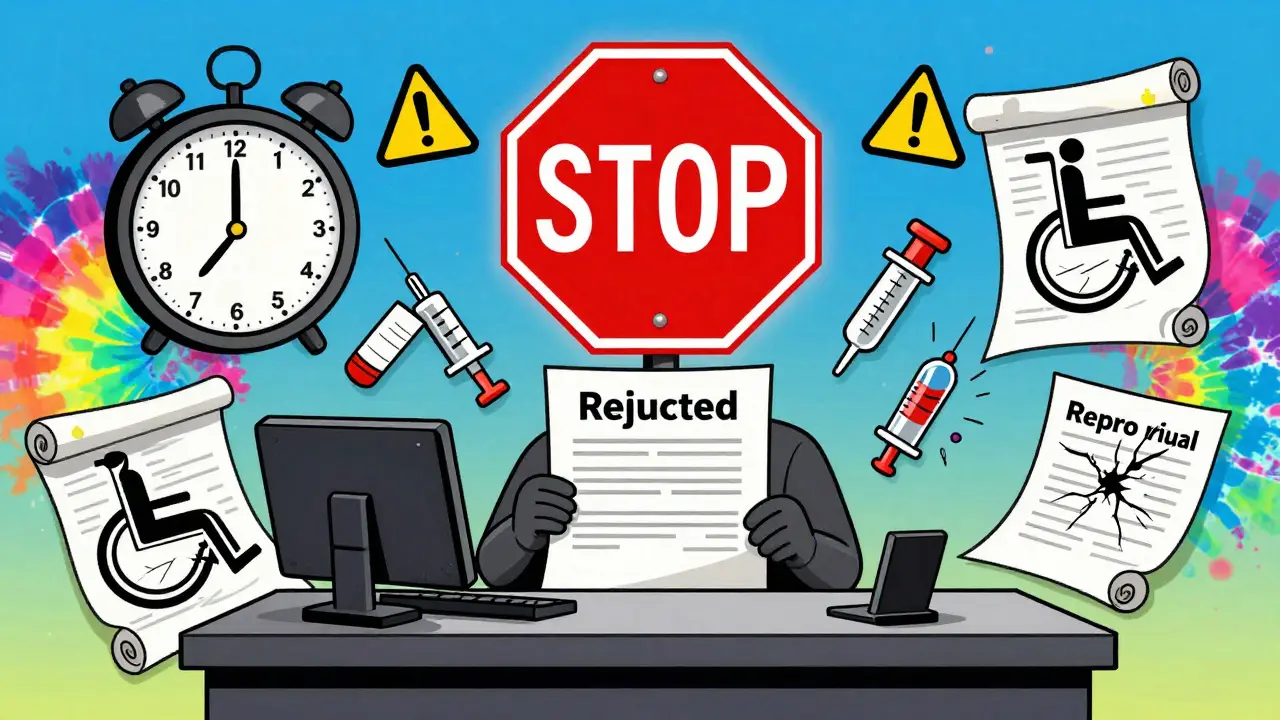 Ein Notar lehnt einen Vertrag ab, umgeben von Warnsymbolen wie einer Uhr, einem Rollstuhl und einer Spritze.