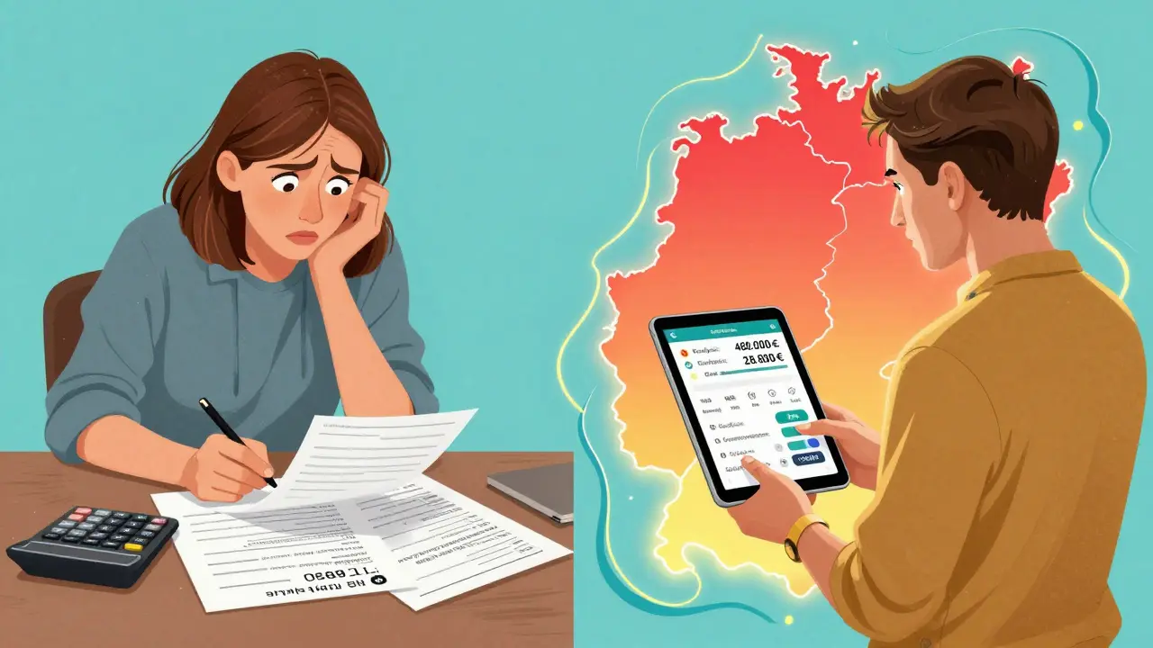 Ein vergleichender Bildausschnitt: links chaotische Kosten, rechts klare Online-Berechnung mit klarem Ergebnis in fließenden Formen.