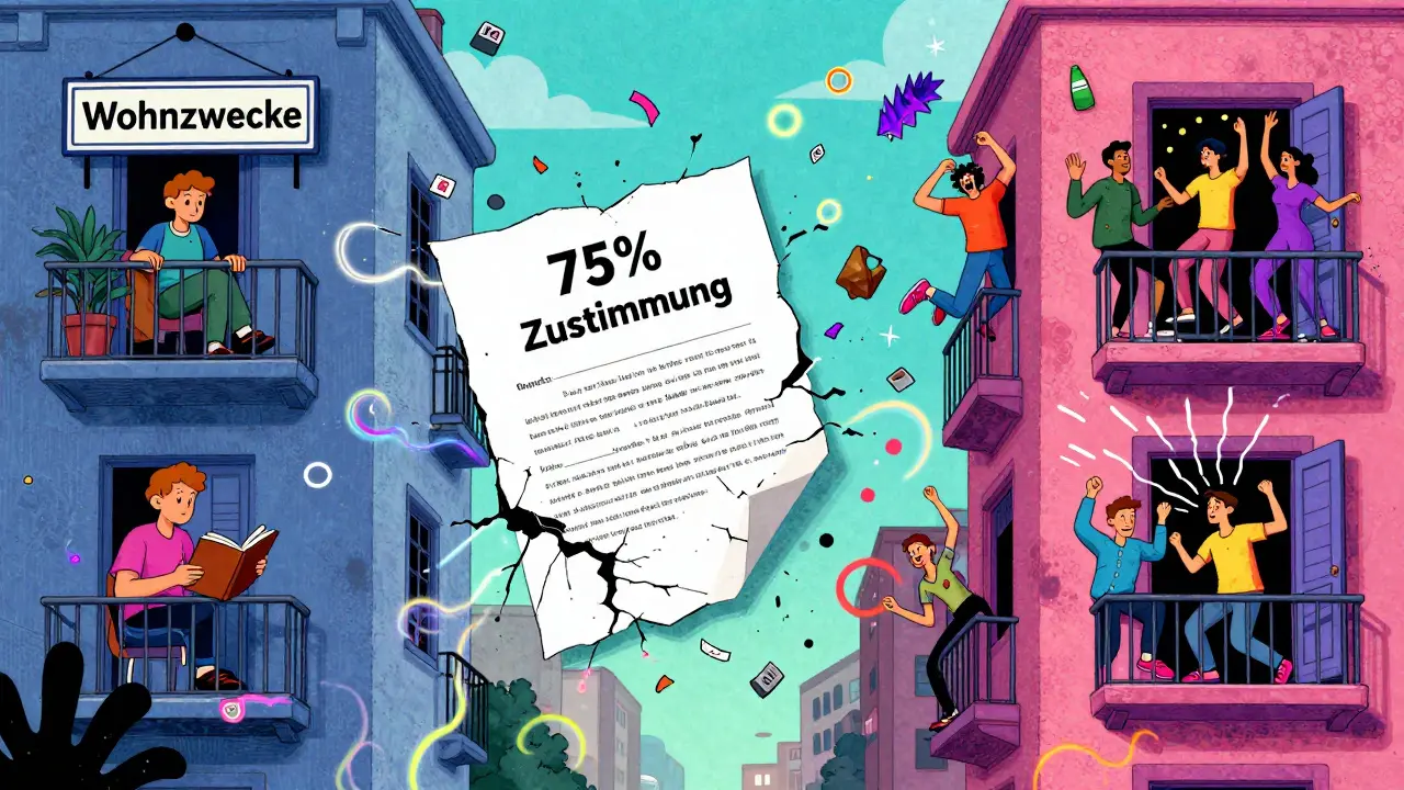 Ein Wohnhaus, das in friedliche und chaotische Seiten gespalten ist, dargestellt mit psychedelischen Mustern und rechtlichen Symbolen.