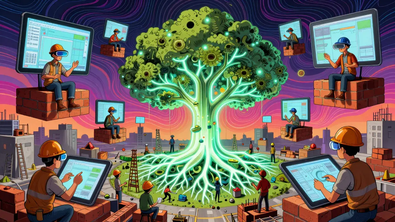 Eine bunte, psychedelische Baustelle mit AR-Tablets und HoloLens, die digitale Wände in echte Mauern projizieren.