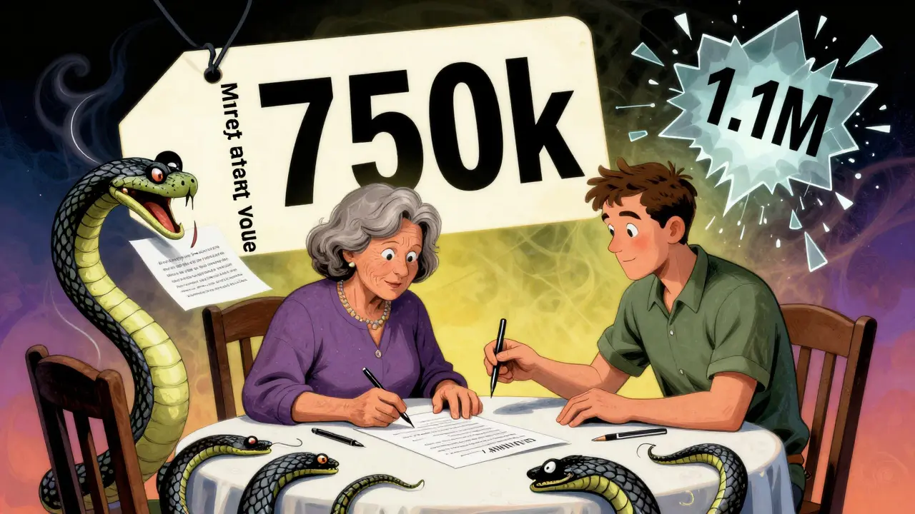 Eine demente Frau unterschreibt einen Vertrag, während Schlangen aus Rechtsklauseln um den Tisch winden.