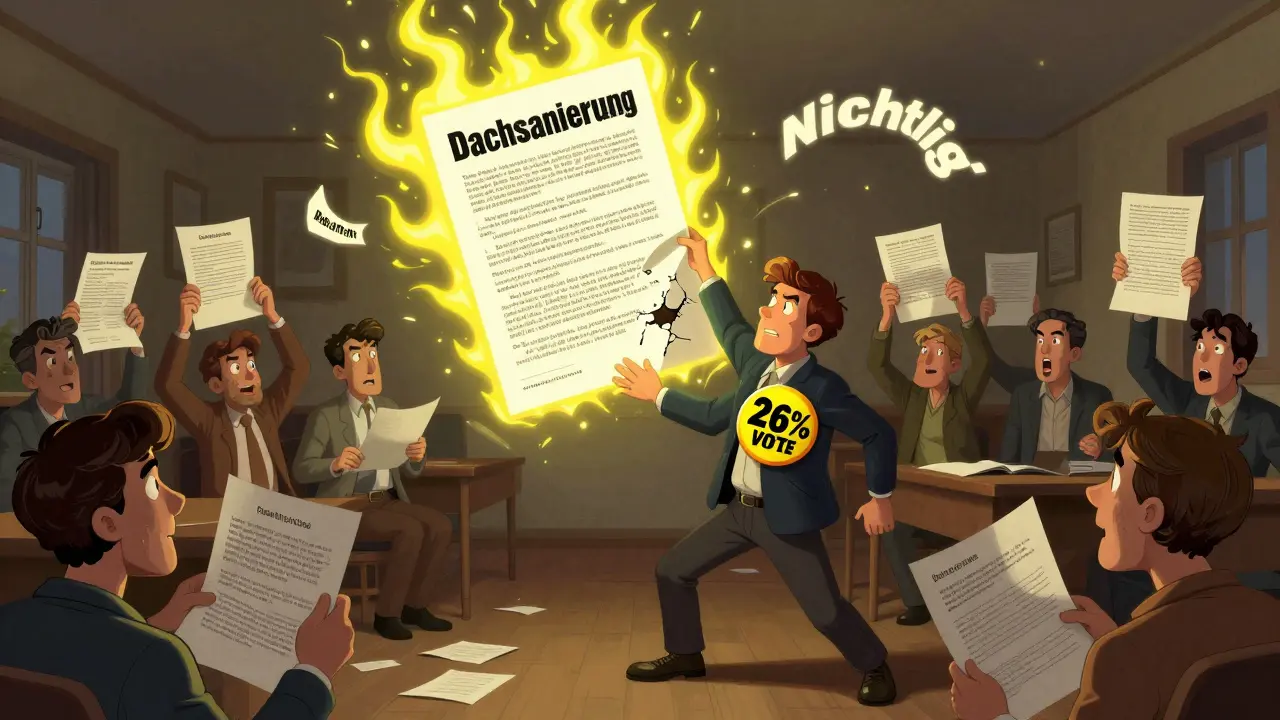 Eine Eigentümerversammlung blockiert eine Dachsanierung durch einen einzelnen Widersacher mit einem riesigen Stimmenanteil.