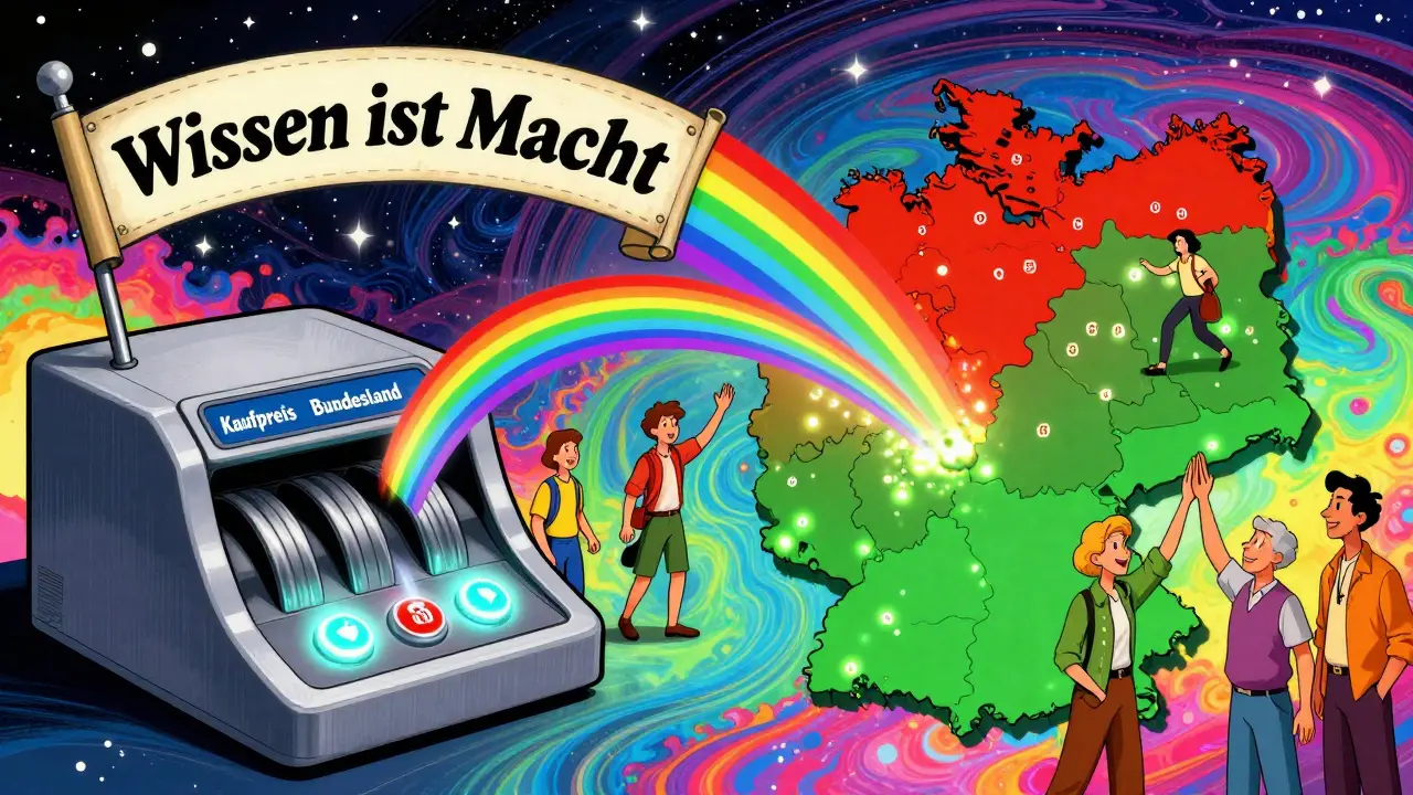 Eine interaktive Maschine berechnet Grunderwerbsteuer für Deutschland, während Bundesländer in Farben leuchten und glückliche Käufer feiern.