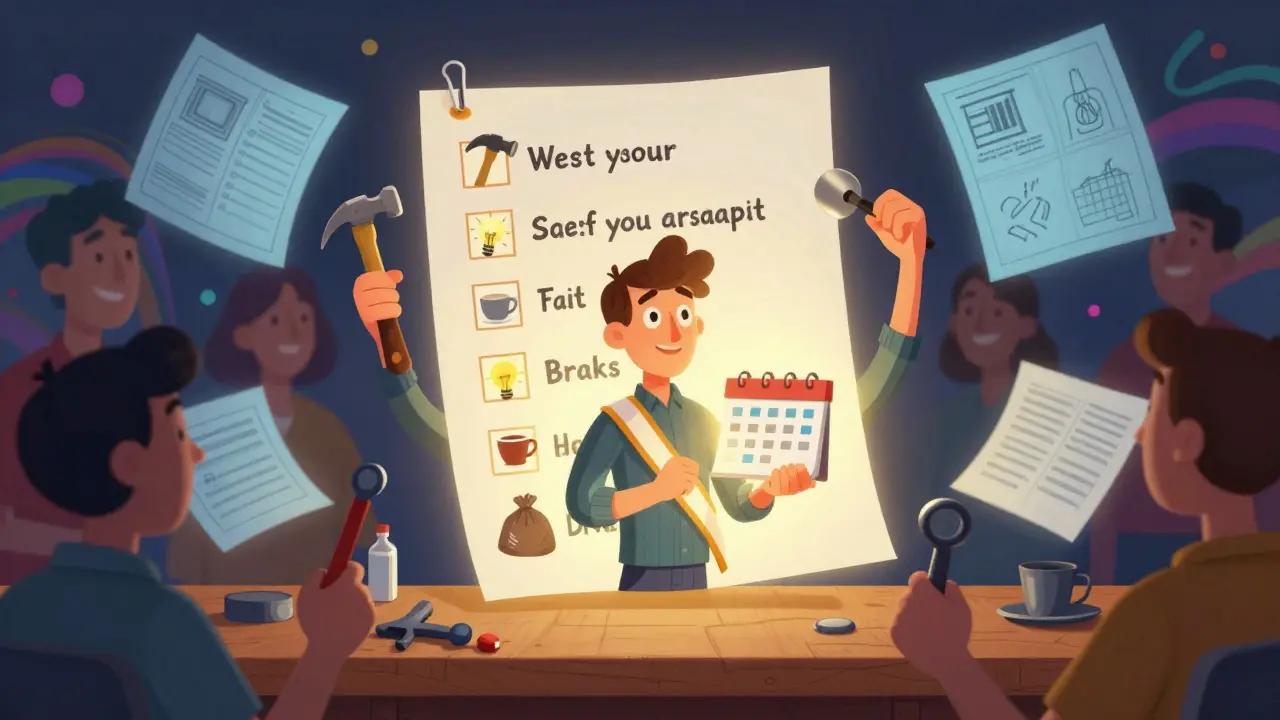 Eine leuchtende To-Do-Liste mit ikonischen Werkzeugen schwebt über einem Tisch, Freunde reichen Werkzeuge weiter.