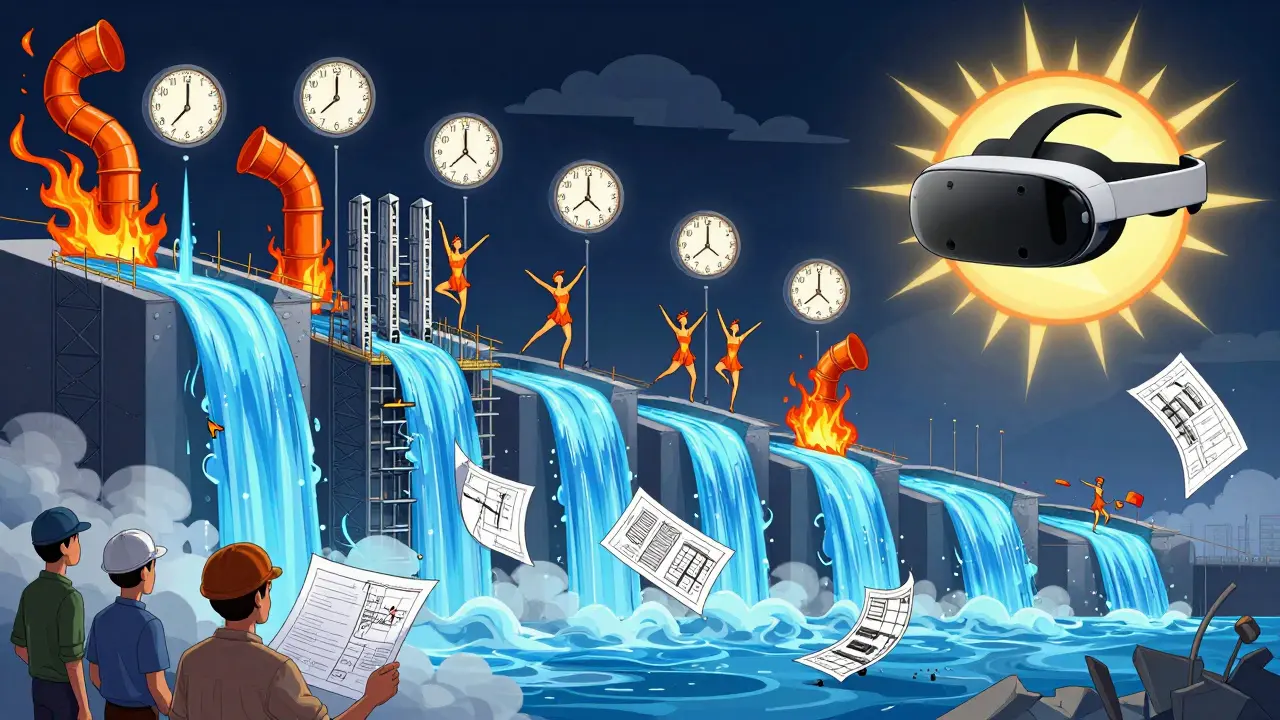 Eine psychedelische 4D-BIM-Zeitleiste zeigt Bauabschnitte als fließende Lichtströme mit schwebenden Uhren und Zahlen.