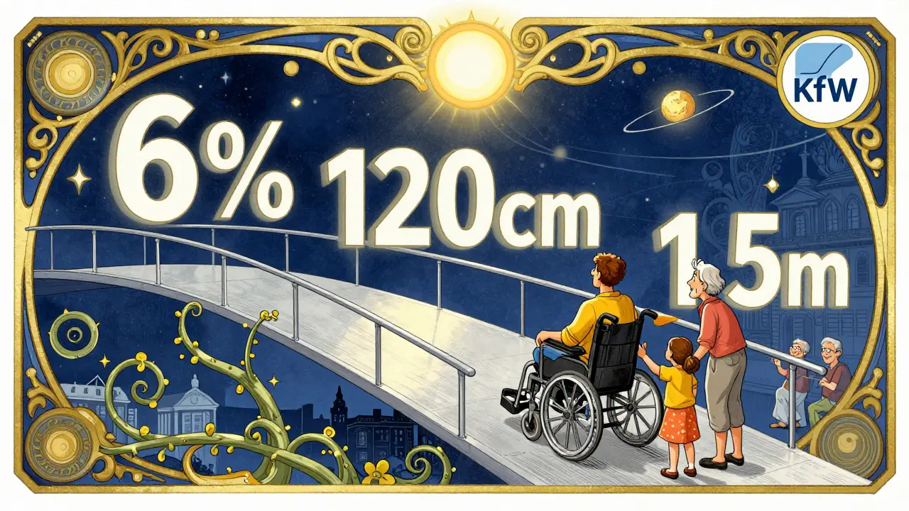 Familie hilft beim Wenden auf breiter Rampe, während Förderhinweise und Maße als schwebende Symbole erscheinen.