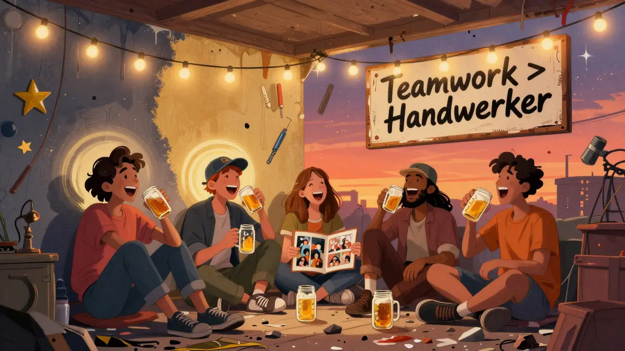 Freunde feiern nach einem Arbeitstag auf dem renovierten Boden, Bier in Gläsern, Lichterketten und gemalte Wände im Hintergrund.