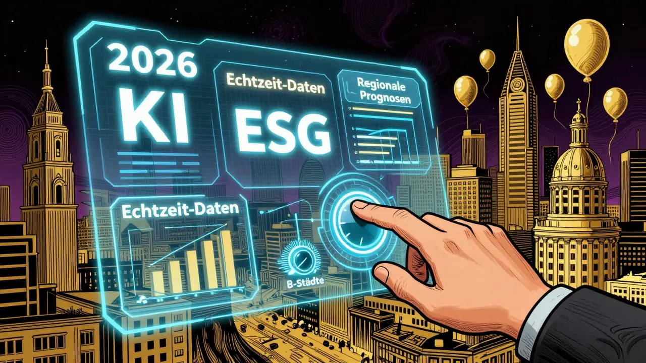 Futuristisches Dashboard mit KI- und ESG-Daten, das regionale Preisentwicklungen in deutschen B-Städten zeigt.