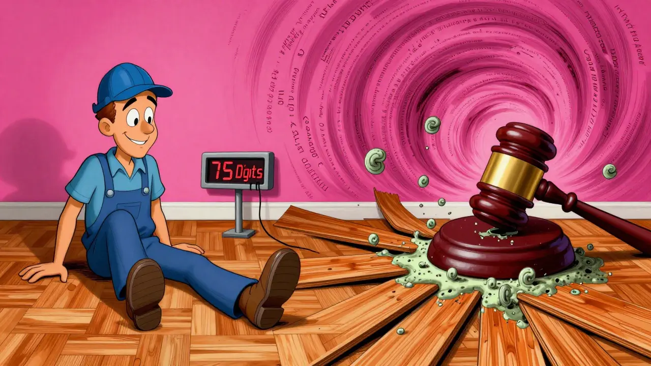 Gekrümmter Parkettboden mit Schimmel und zerbrochenem Digitalmessgerät, daneben ein Richterschlag, symbolisiert rechtliche Konsequenzen.