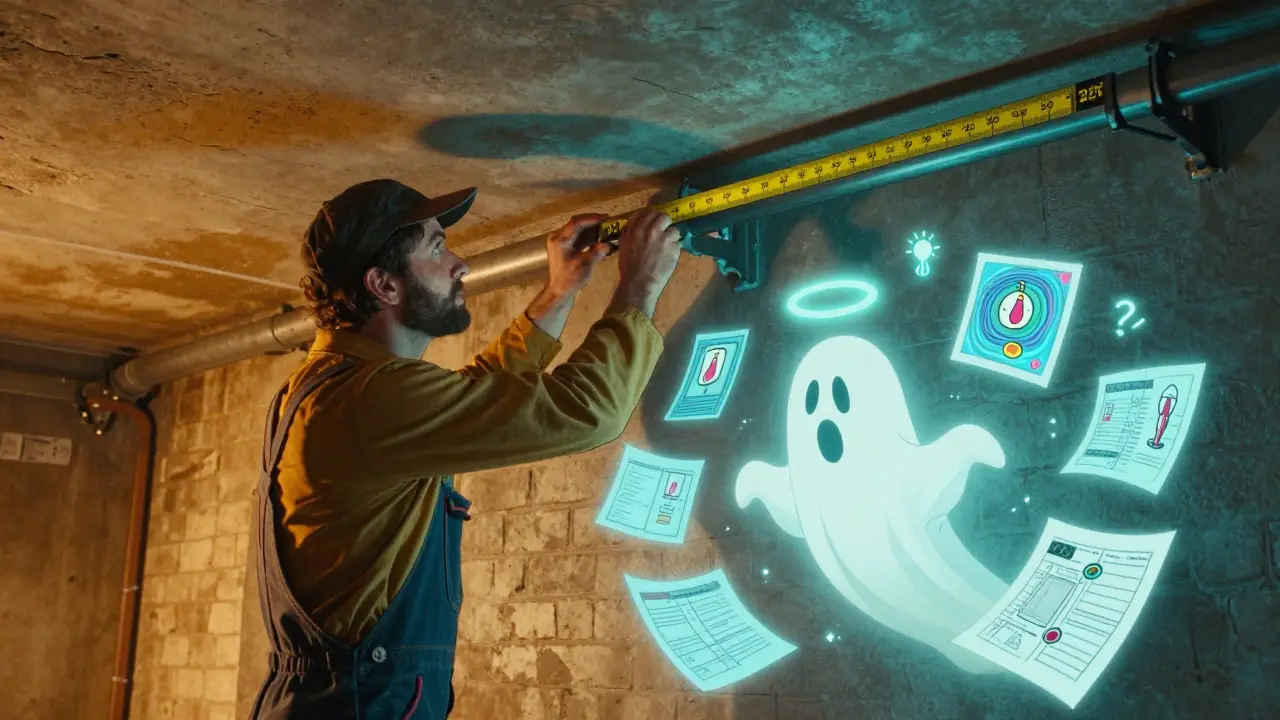 Handwerker measuring water pipe slope in basement with floating safety symbols.