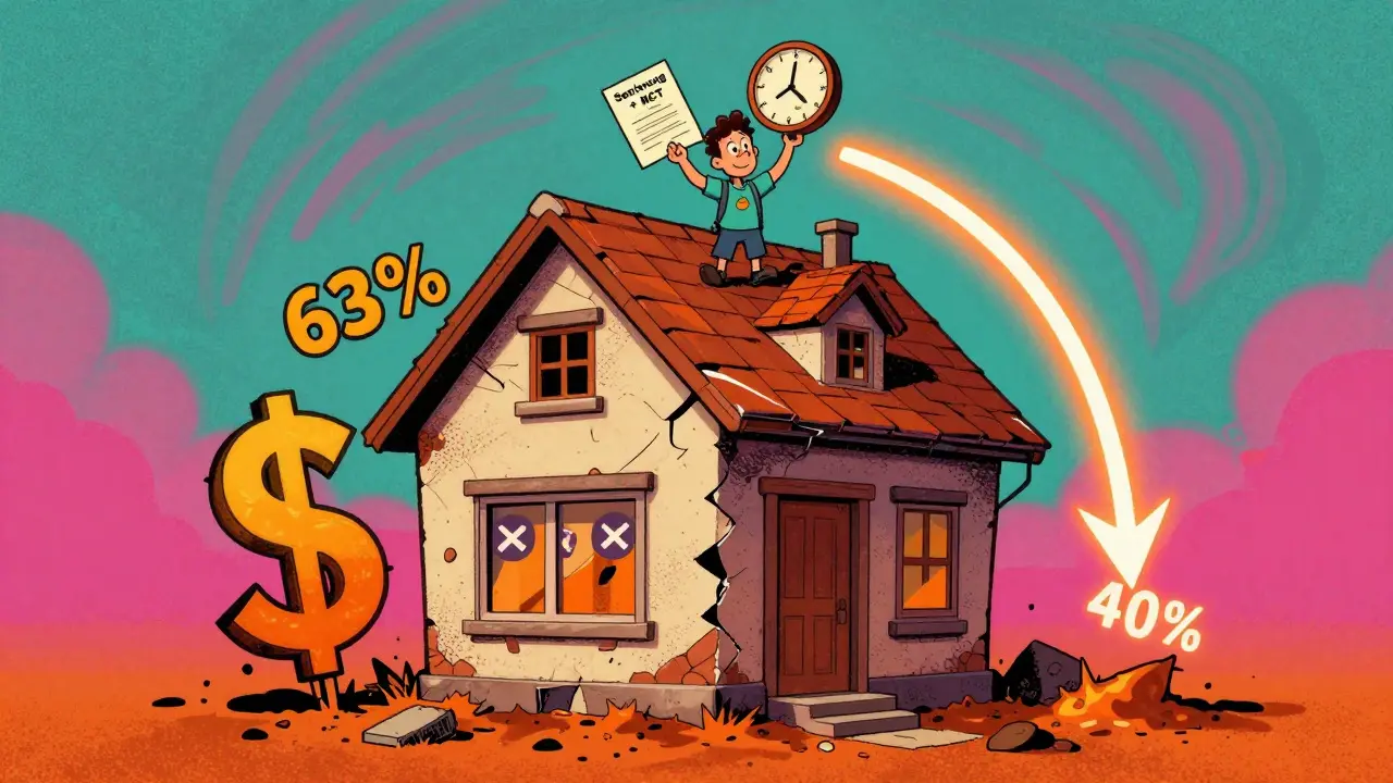 Haus mit sinkendem Wert, Käufer wenden sich ab, Besitzer hält Sanierungsbescheinigung hoch.