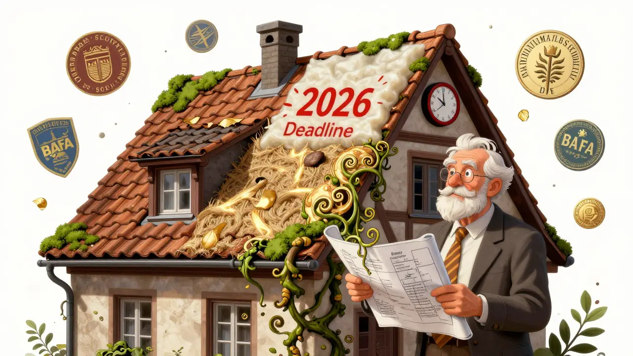 Historic house with hemp and modern insulation, ticking clock and Denkmalschutz emblems.