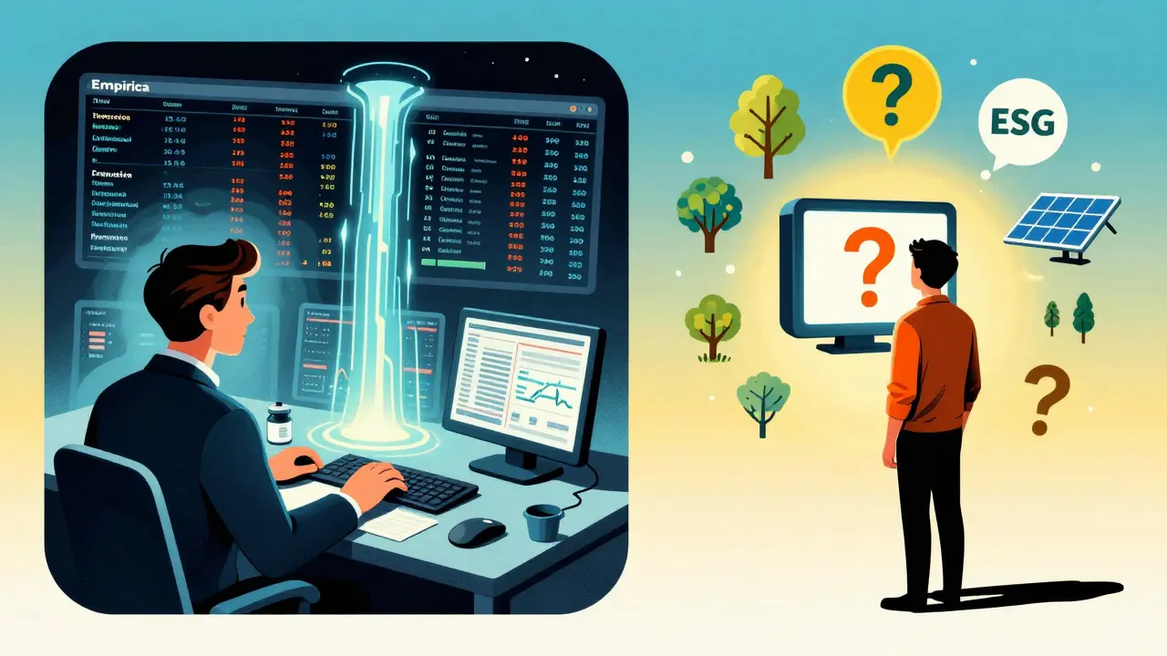 Investor mit kombinierten Daten-Streams neben einem Einzel-Tool-Nutzer, dargestellt in psychedelischer Illustration.