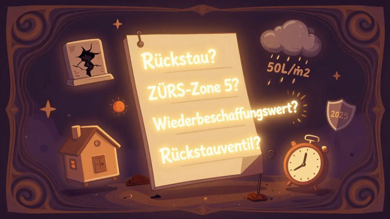 Psychedelische Checkliste für Elementarschadenversicherung mit Schlüsselbegriffen und Warnsymbolen in schwebender Form.