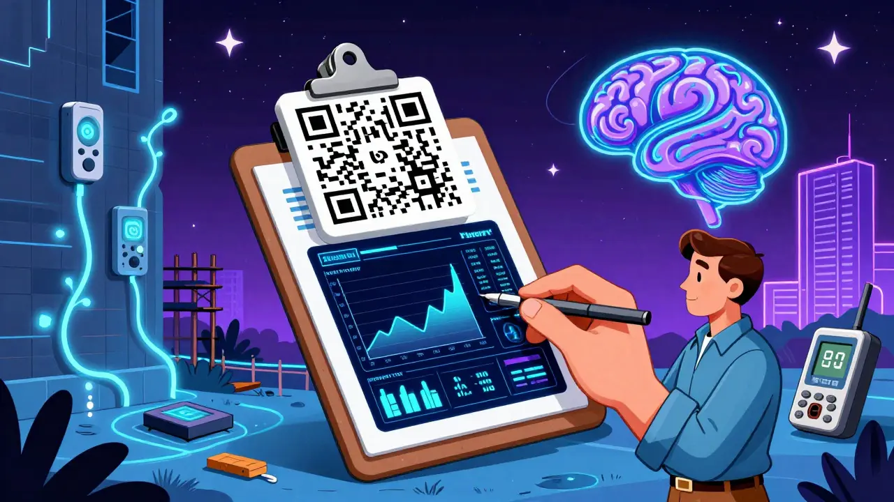 QR-Code verbindet sich mit digitaler Anzeige von Feuchtigkeitsdaten, IoT-Sensoren leuchten an Wänden, KI analysiert Daten in einem futuristischen Baustellenbild.