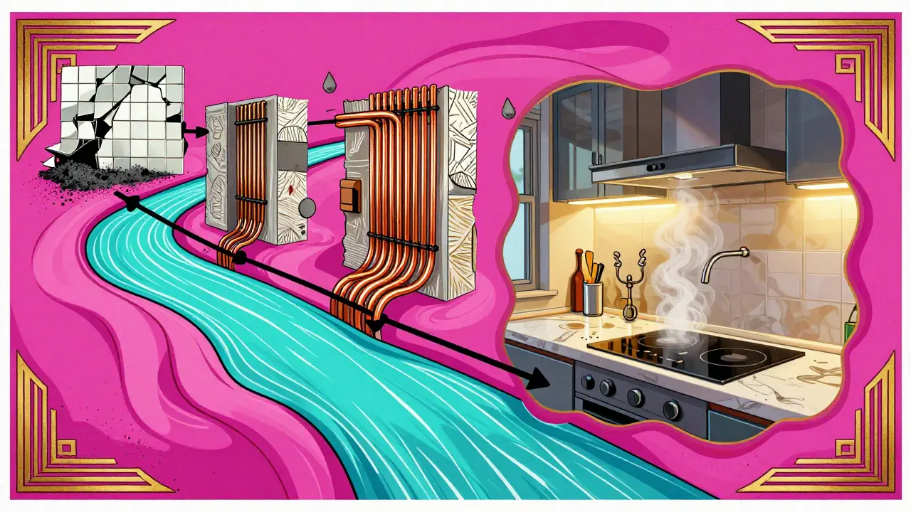 Renovation timeline river showing old to modern kitchen with energy-efficient features.