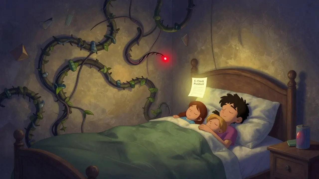 Schlafende Familie, hinter der Wand winden sich gefährliche Kabel wie lebende Pflanzen.