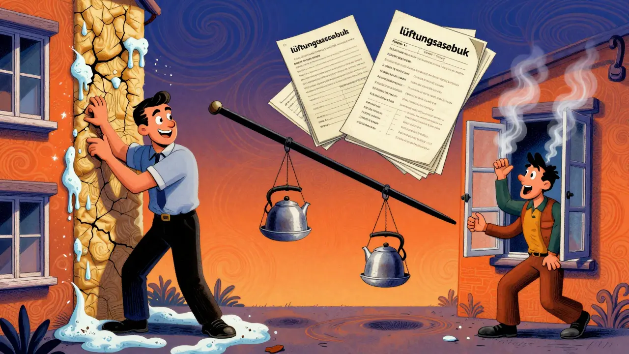 Split-Szene: Vermieter mit schlechter Dämmung vs. Mieter mit Lüftungstagebuch – Beweise überwiegen.