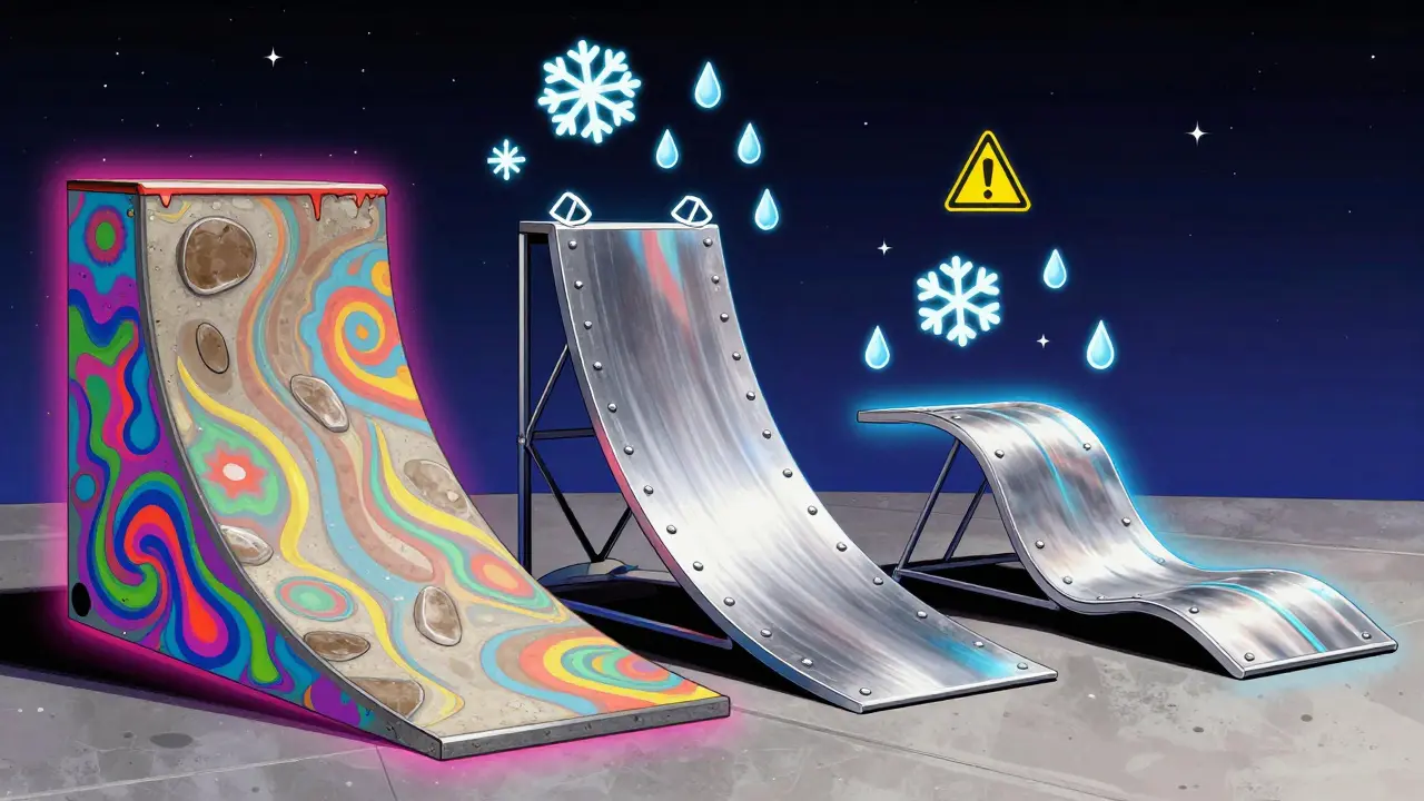 Vergleich dreier Rampenmaterialien: Beton, Aluminium und Kunststoff, mit symbolischen Wetter- und Sicherheitszeichen.