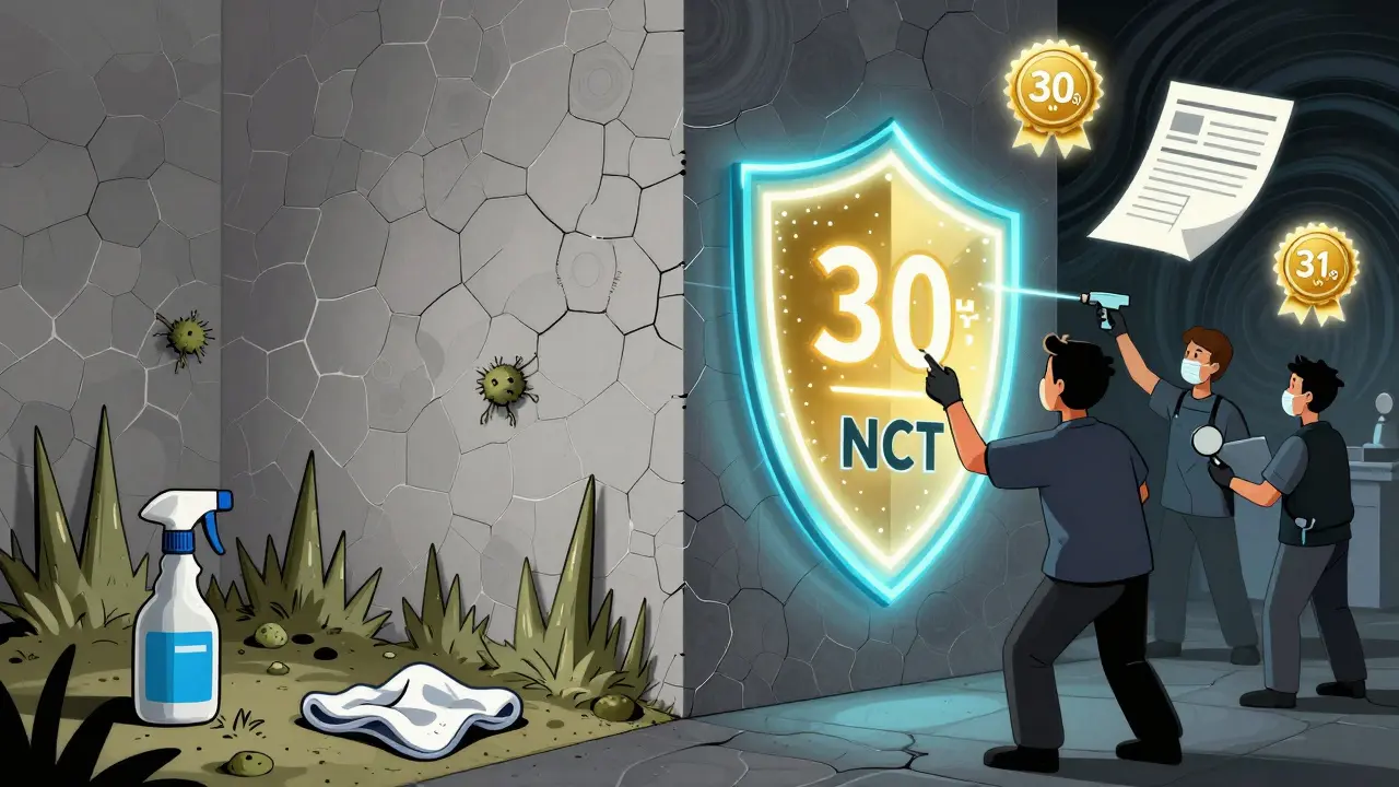 Vergleich: Links unsachgemäße Reinigung, rechts professionelle NCT-Sanierung mit schützendem Glühen.