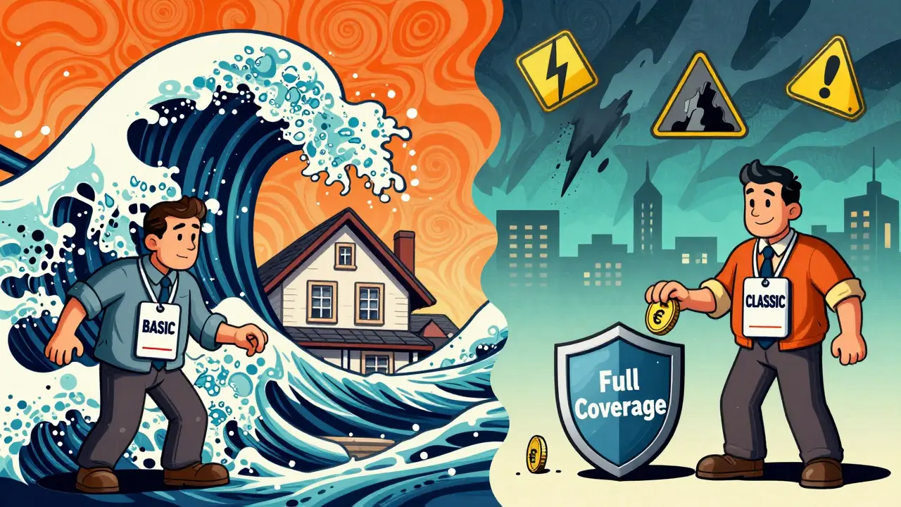 Zwei Hausbesitzer im Vergleich: einer mit hohen Selbstkosten, einer mit voller Absicherung, umgeben von Naturgefahren-Symbolen.